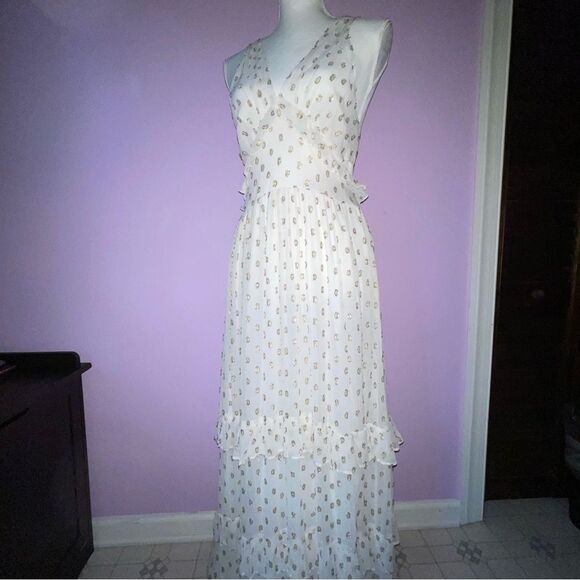 NEW En Creme Maxi Dress M Boho Metallic Polka Dot Cutout Ruffle Tiered - Picture 2 of 13